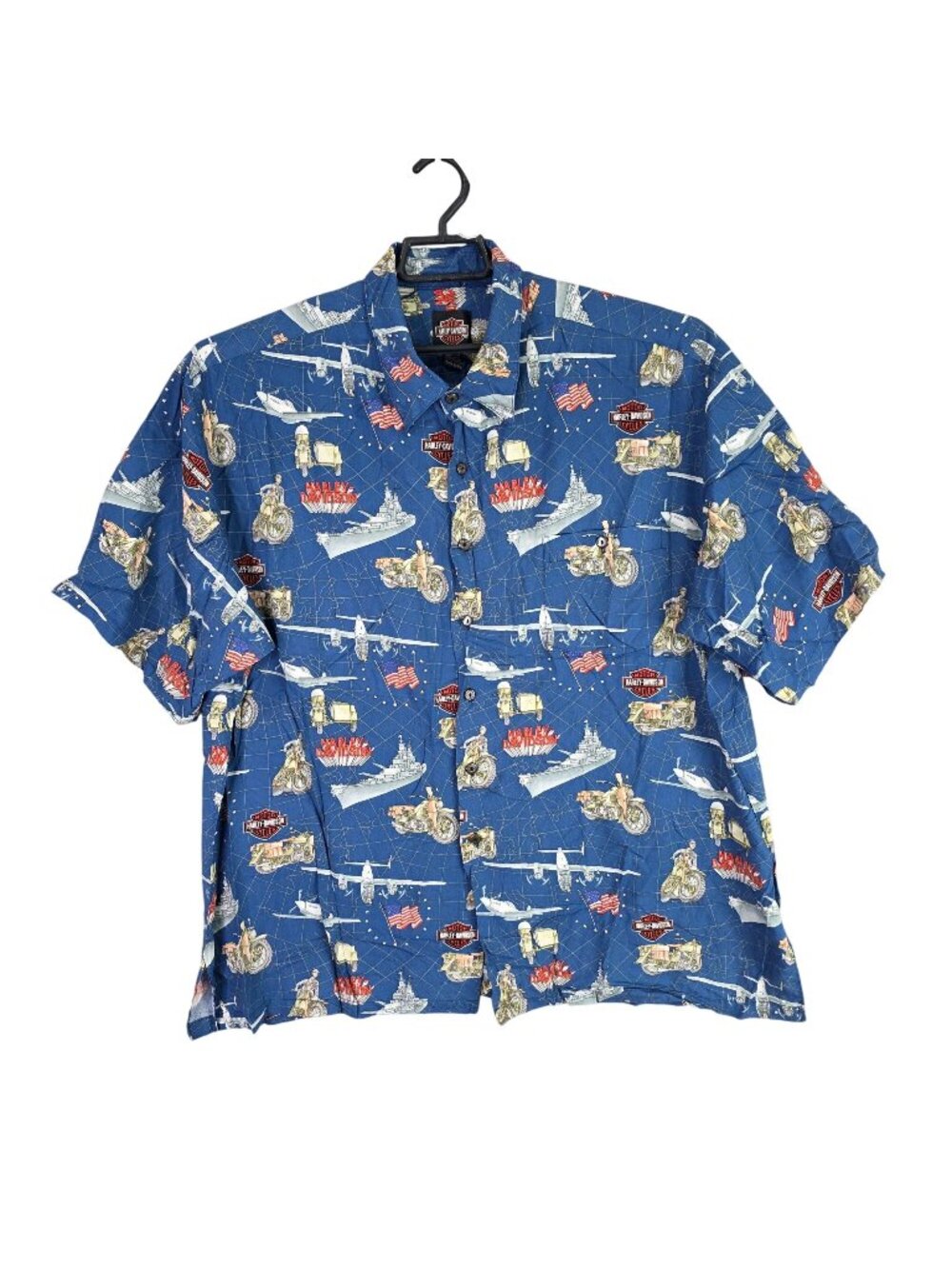 Mens Harley-Davidson Blue Button Up Shirt Military Patriotic Short Sleeves 3XL